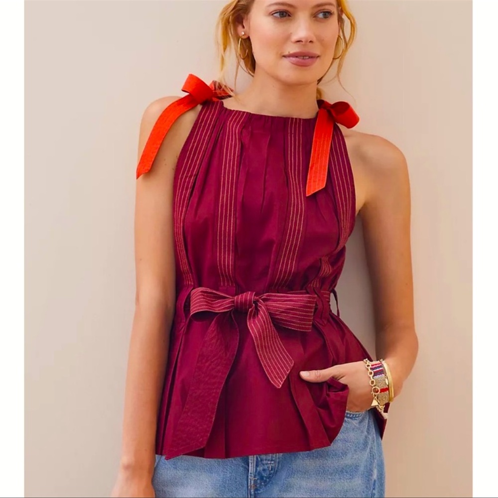 Anthropologie Pleated Brick Tie-Strap Stylish Crop Top